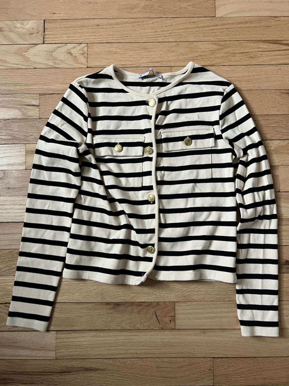 Mango Striped Button Front Knit Cardigan - Black & Cream